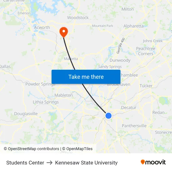 Students Center to Kennesaw State University map
