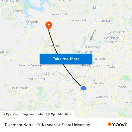 Piedmont North to Kennesaw State University map