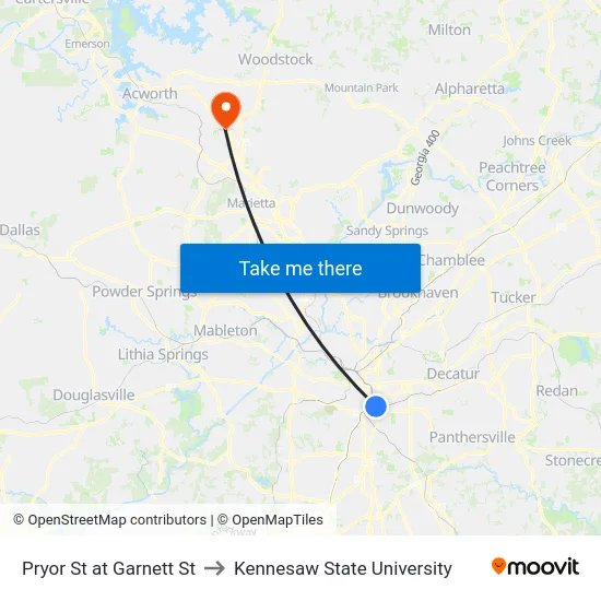 Pryor St at Garnett St to Kennesaw State University map