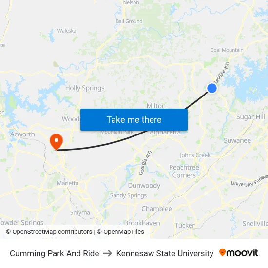 Cumming Park And Ride to Kennesaw State University map