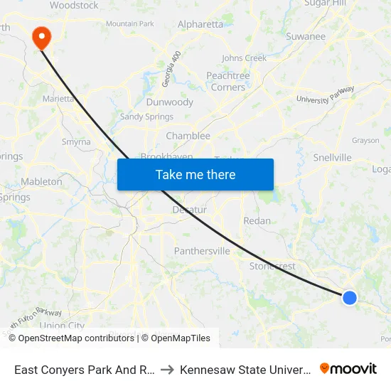 East Conyers Park And Ride to Kennesaw State University map