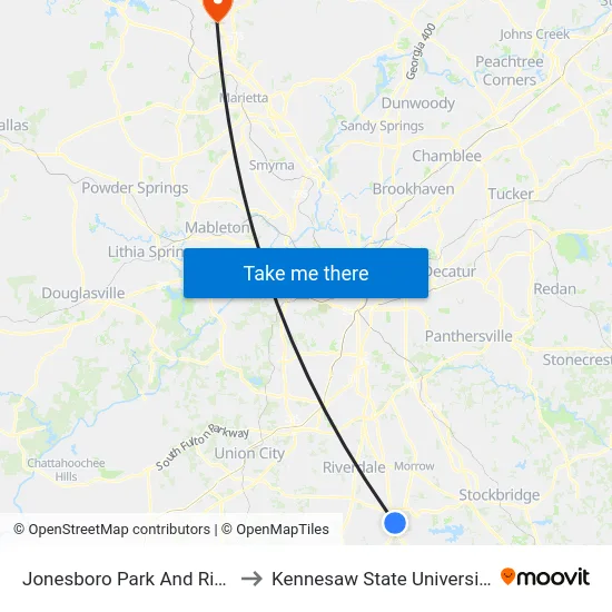 Jonesboro Park And Ride to Kennesaw State University map