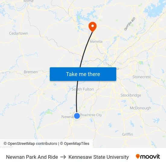 Newnan Park And Ride to Kennesaw State University map