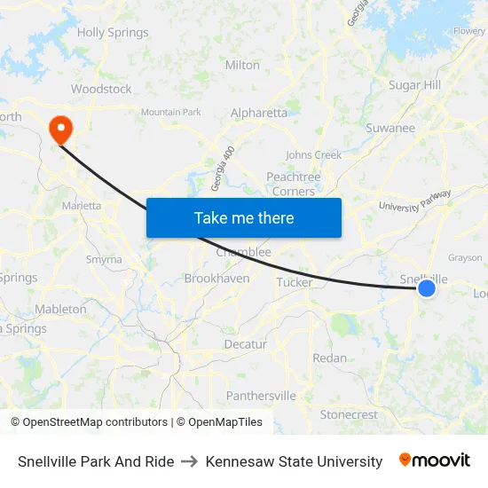 Snellville Park And Ride to Kennesaw State University map
