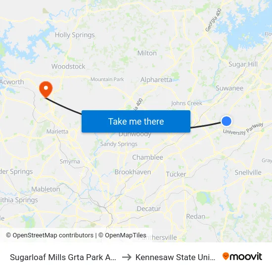 Sugarloaf Mills Grta Park And Ride to Kennesaw State University map