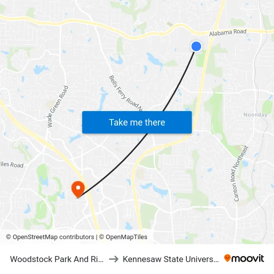 Woodstock Park And Ride to Kennesaw State University map