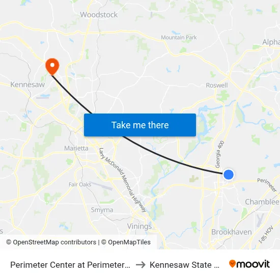 Perimeter Center at Perimeter Center Pkwy to Kennesaw State University map