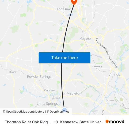 Thornton Rd at Oak Ridge Rd to Kennesaw State University map