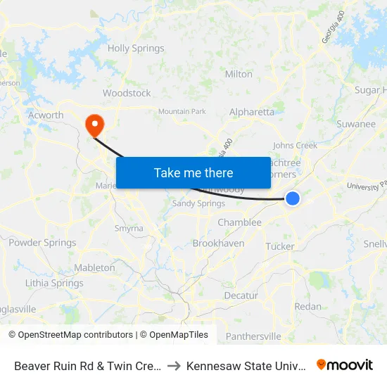 Beaver Ruin Rd & Twin Creek Dr to Kennesaw State University map