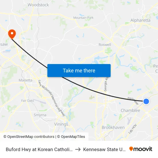 Buford Hwy at Korean Catholic Church Ib to Kennesaw State University map