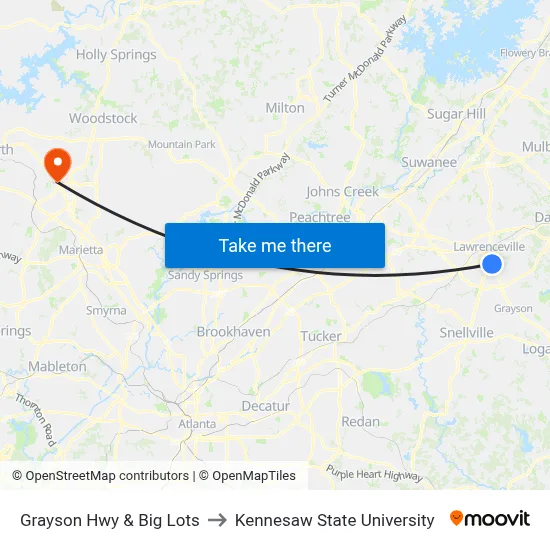 Grayson Hwy & Big Lots to Kennesaw State University map