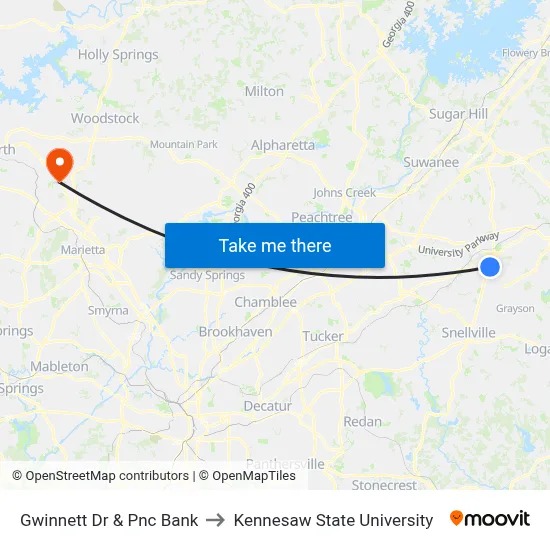 Gwinnett Dr & Pnc Bank to Kennesaw State University map