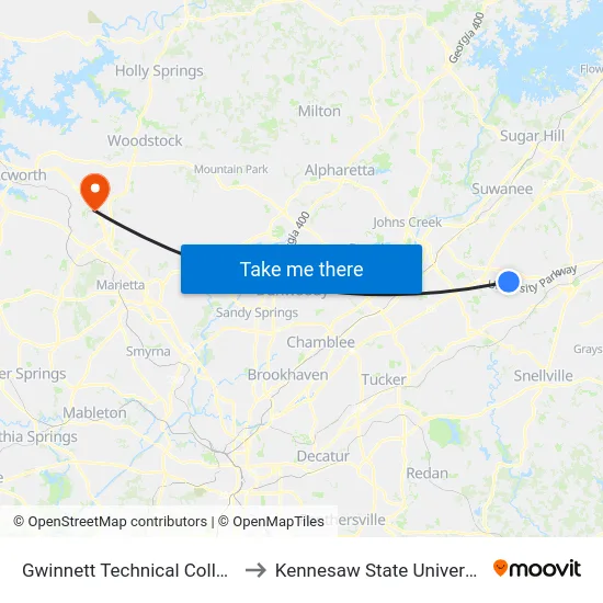 Gwinnett Technical College to Kennesaw State University map