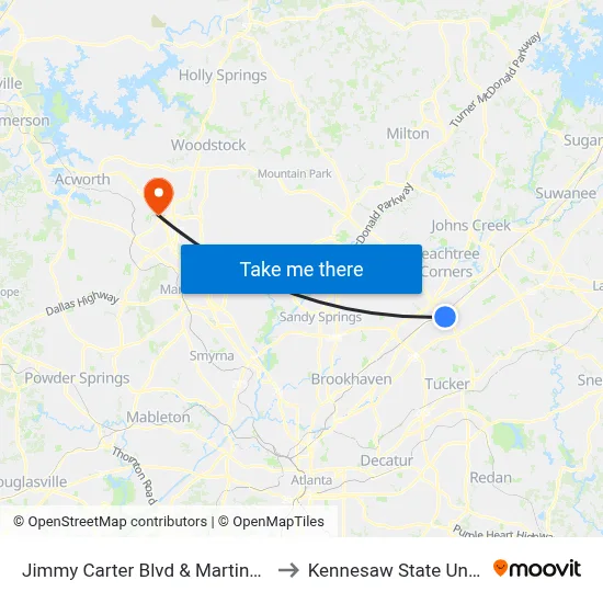 Jimmy Carter Blvd & Martins Rest Ob to Kennesaw State University map