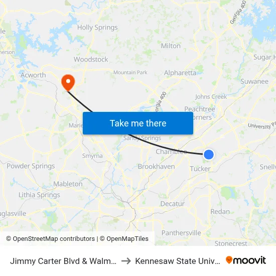 Jimmy Carter Blvd & Walmart Ob to Kennesaw State University map