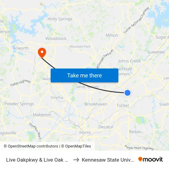 Live Oakpkwy & Live Oak Center to Kennesaw State University map