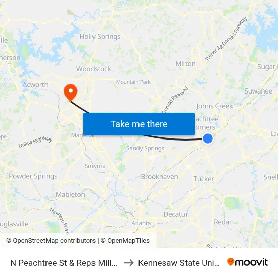 N Peachtree St & Reps Miller Road to Kennesaw State University map