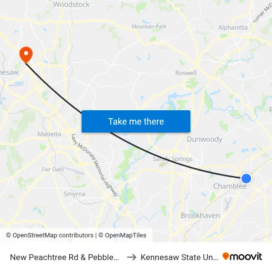 New Peachtree Rd & Pebblewood Apts to Kennesaw State University map