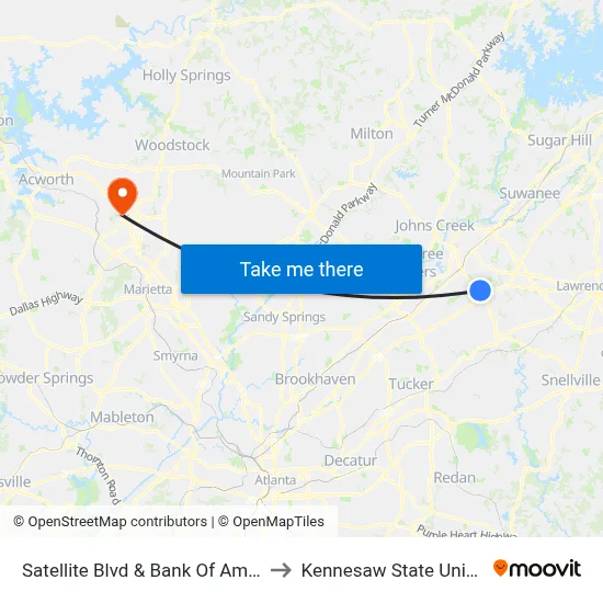 Satellite Blvd & Bank Of America Ib to Kennesaw State University map