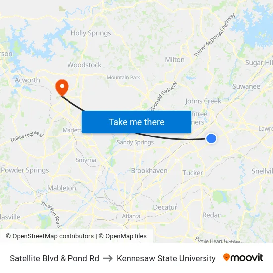 Satellite Blvd & Pond Rd to Kennesaw State University map