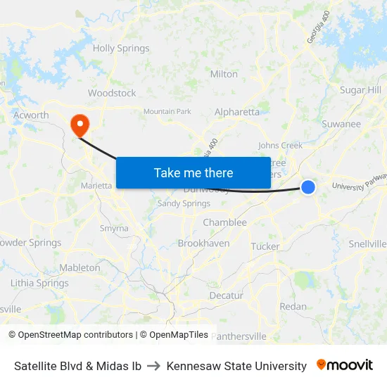 Satellite Blvd & Midas Ib to Kennesaw State University map