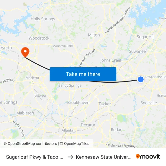 Sugarloaf Pkwy & Taco Bell to Kennesaw State University map