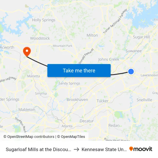 Sugarloaf Mills at the Discount Tire Co to Kennesaw State University map