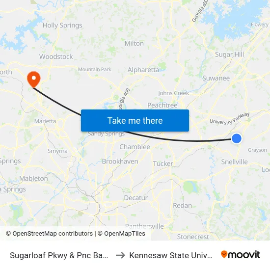Sugarloaf Pkwy & Pnc Bank Ob to Kennesaw State University map