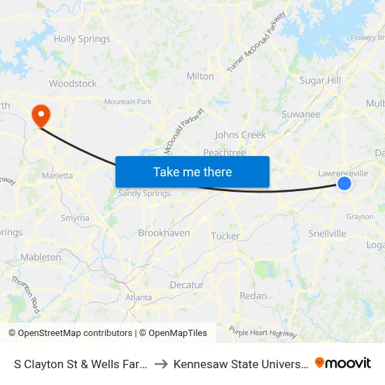 S Clayton St & Wells Fargo to Kennesaw State University map