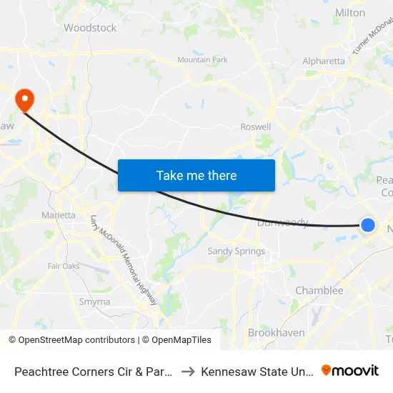 Peachtree Corners Cir & Parton Ct Ob to Kennesaw State University map