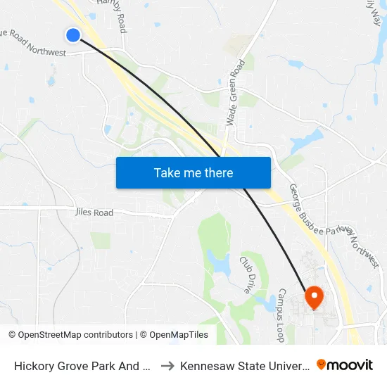 Hickory Grove Park And Ride to Kennesaw State University map