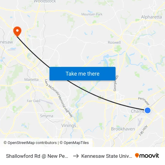 Shallowford Rd @ New Peachtree to Kennesaw State University map