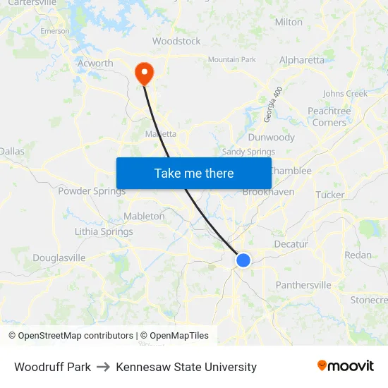 Woodruff Park to Kennesaw State University map