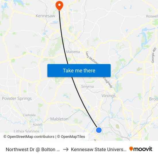 Northwest Dr @ Bolton Rd to Kennesaw State University map