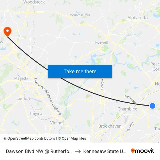 Dawson Blvd NW @ Rutherford Glen Cir to Kennesaw State University map
