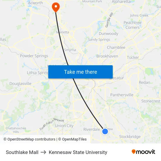 Southlake Mall to Kennesaw State University map