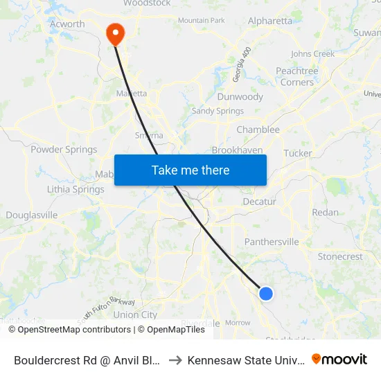 Bouldercrest Rd @ Anvil Block Rd to Kennesaw State University map