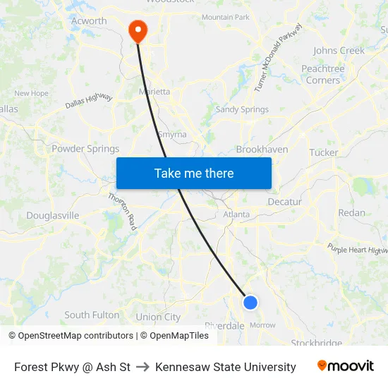 Forest Pkwy @ Ash St to Kennesaw State University map