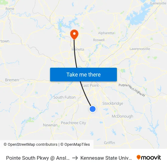 Pointe South Pkwy @ Ansley Dr to Kennesaw State University map