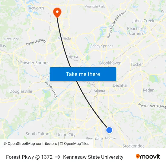 Forest Pkwy @ 1372 to Kennesaw State University map