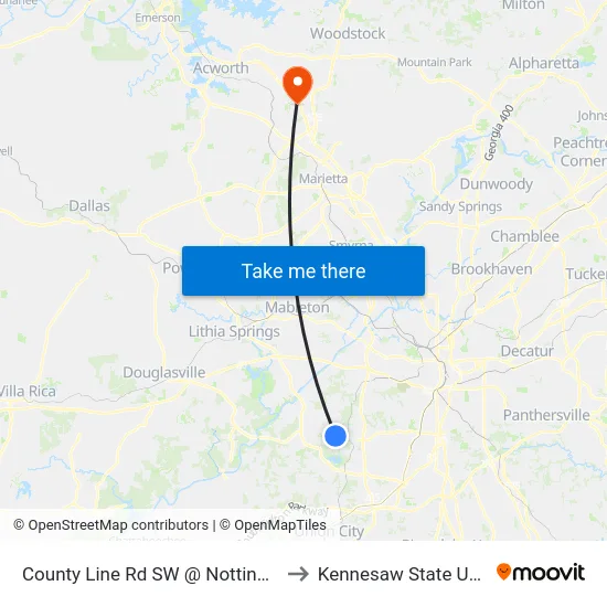 County Line Rd SW @ Notting Hill Dr SW to Kennesaw State University map