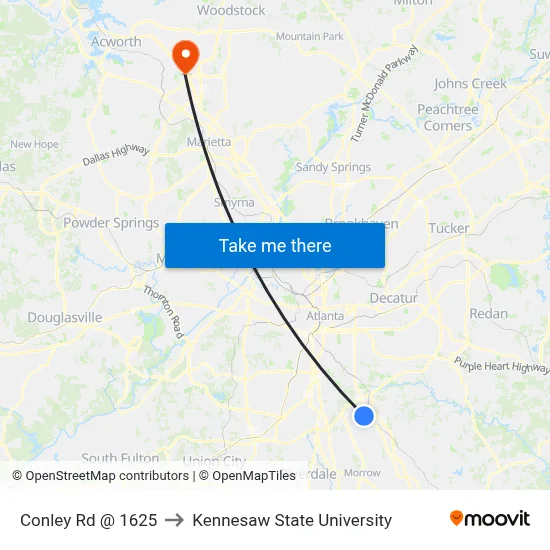 Conley Rd @ 1625 to Kennesaw State University map
