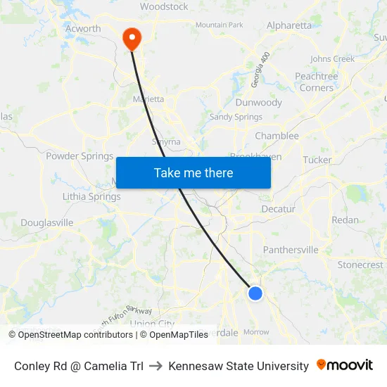 Conley Rd @ Camelia Trl to Kennesaw State University map