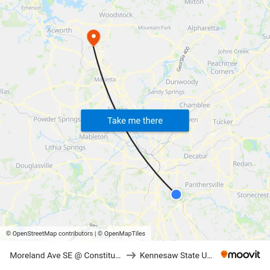 Moreland Ave SE @ Constitution Rd SE to Kennesaw State University map