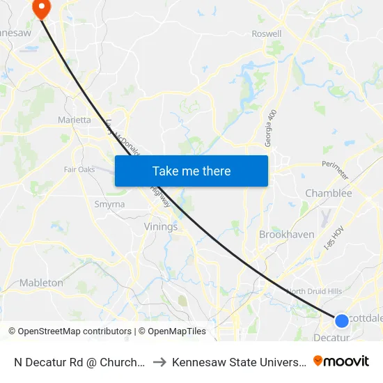 N Decatur Rd @ Church St to Kennesaw State University map
