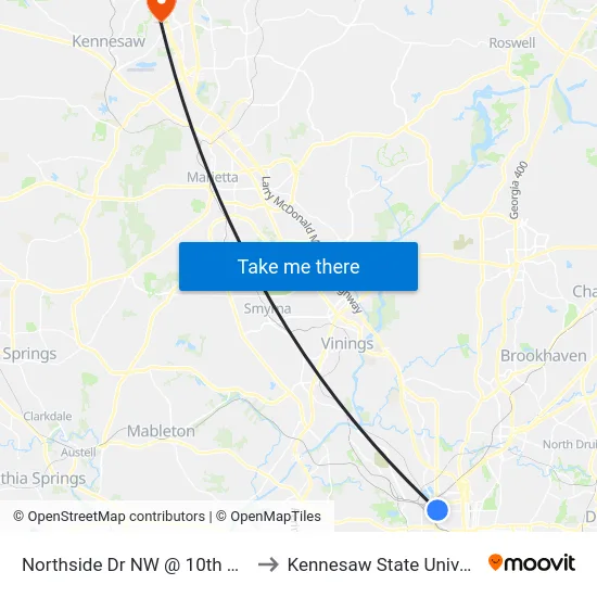 Northside Dr NW @ 10th St NW to Kennesaw State University map
