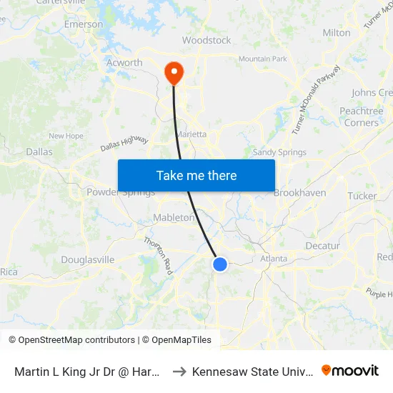 Martin L King Jr Dr @ Harwell Rd to Kennesaw State University map