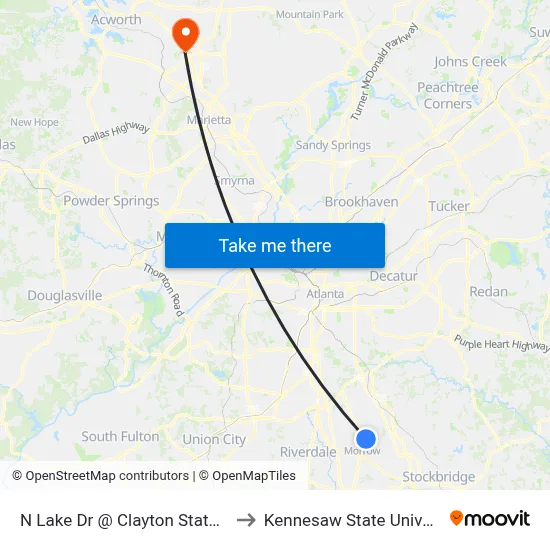N Lake Dr @ Clayton State Blvd to Kennesaw State University map