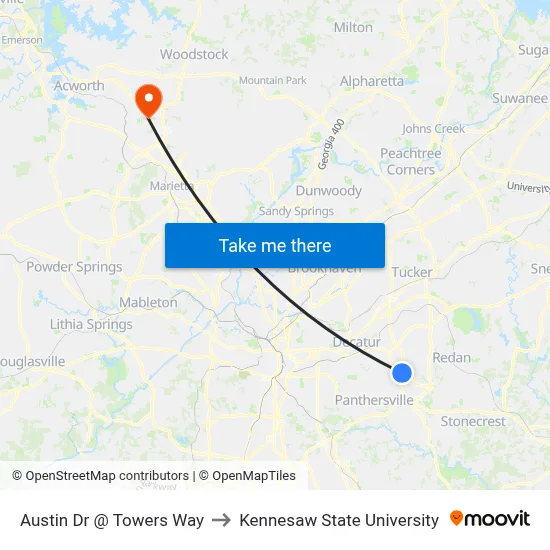 Austin Dr @ Towers Way to Kennesaw State University map