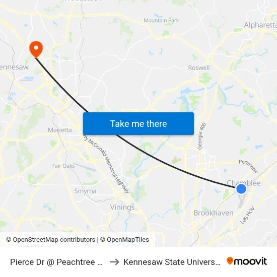 Pierce Dr @ Peachtree Rd to Kennesaw State University map